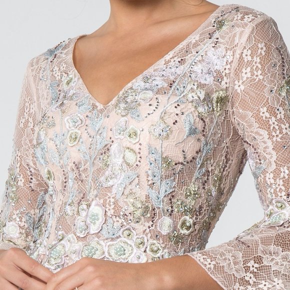 NEW LONG A-LINE FORMAL DRESS WITH TRUMPET SLEEVES EMBROIDERED WITH LACE GL1592 - Picture 4 of 12